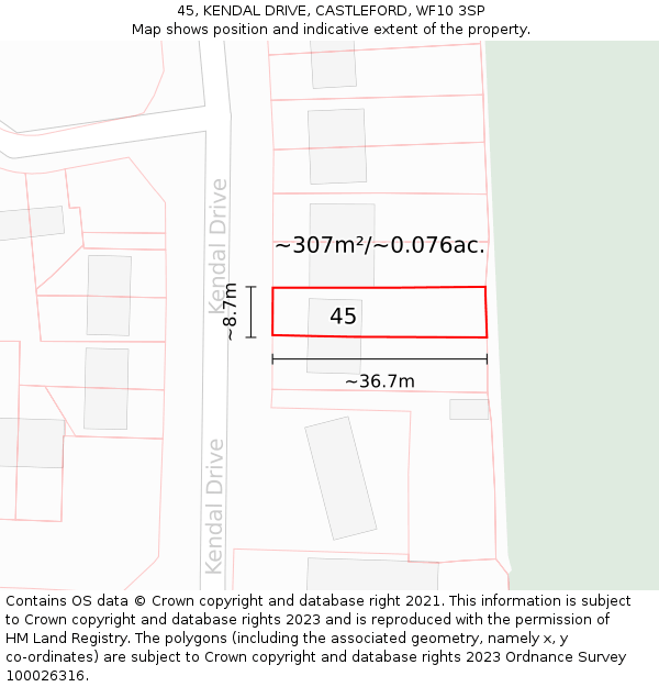 45, KENDAL DRIVE, CASTLEFORD, WF10 3SP: Plot and title map