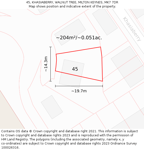 45, KHASIABERRY, WALNUT TREE, MILTON KEYNES, MK7 7DR: Plot and title map