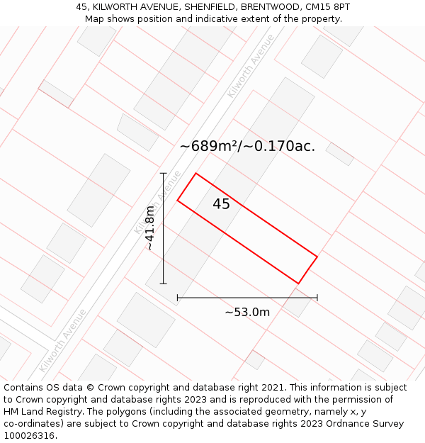 45, KILWORTH AVENUE, SHENFIELD, BRENTWOOD, CM15 8PT: Plot and title map