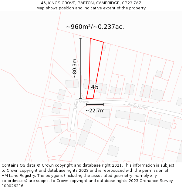 45, KINGS GROVE, BARTON, CAMBRIDGE, CB23 7AZ: Plot and title map