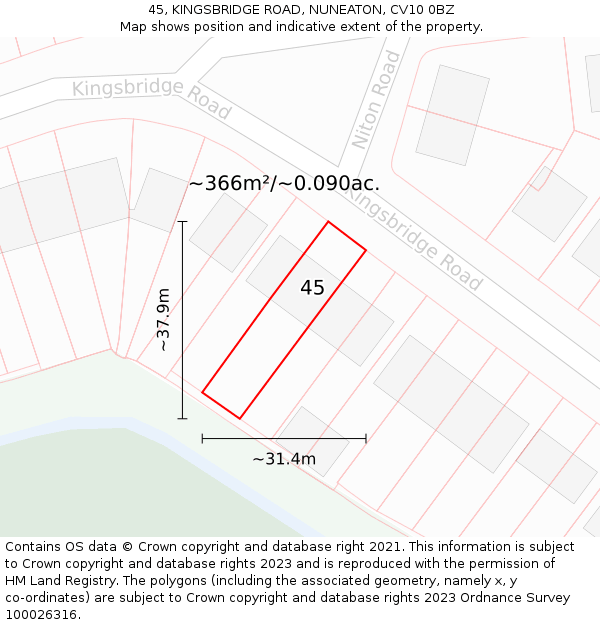 45, KINGSBRIDGE ROAD, NUNEATON, CV10 0BZ: Plot and title map
