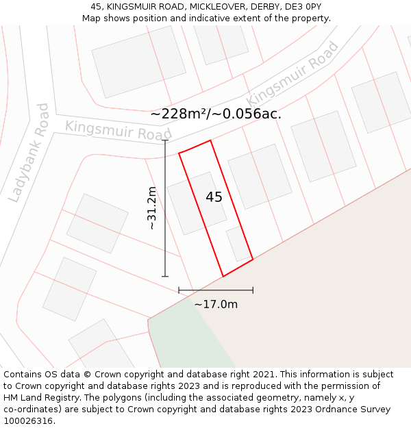 45, KINGSMUIR ROAD, MICKLEOVER, DERBY, DE3 0PY: Plot and title map