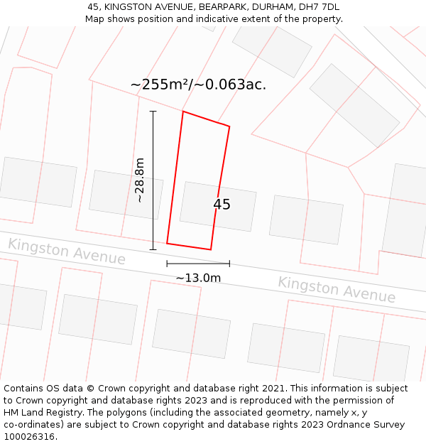 45, KINGSTON AVENUE, BEARPARK, DURHAM, DH7 7DL: Plot and title map