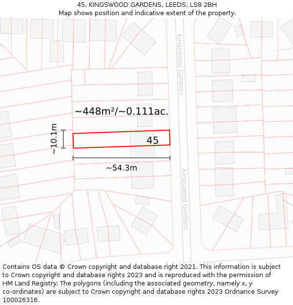 45, KINGSWOOD GARDENS, LEEDS, LS8 2BH: Plot and title map