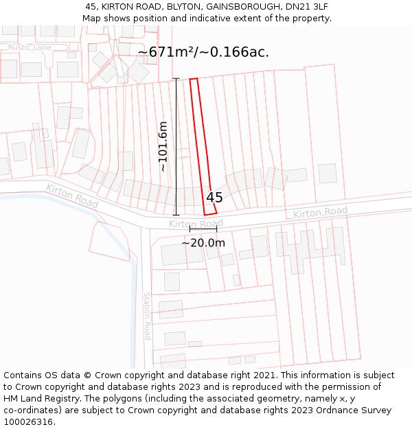 45, KIRTON ROAD, BLYTON, GAINSBOROUGH, DN21 3LF: Plot and title map