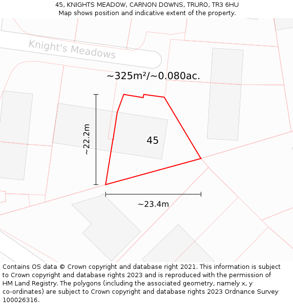 45, KNIGHTS MEADOW, CARNON DOWNS, TRURO, TR3 6HU: Plot and title map