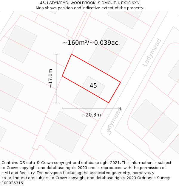 45, LADYMEAD, WOOLBROOK, SIDMOUTH, EX10 9XN: Plot and title map