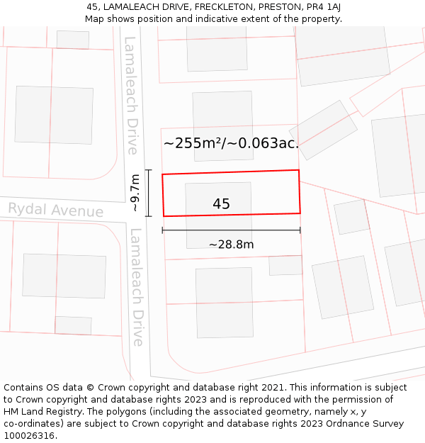 45, LAMALEACH DRIVE, FRECKLETON, PRESTON, PR4 1AJ: Plot and title map