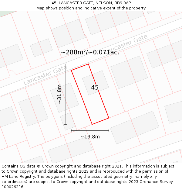 45, LANCASTER GATE, NELSON, BB9 0AP: Plot and title map