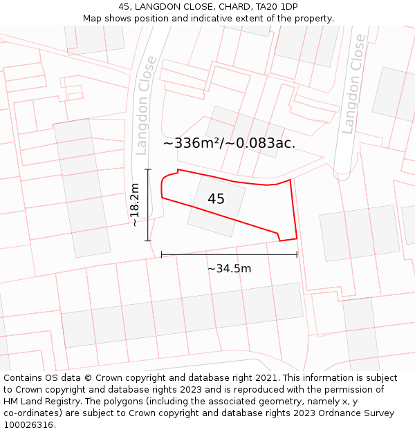 45, LANGDON CLOSE, CHARD, TA20 1DP: Plot and title map