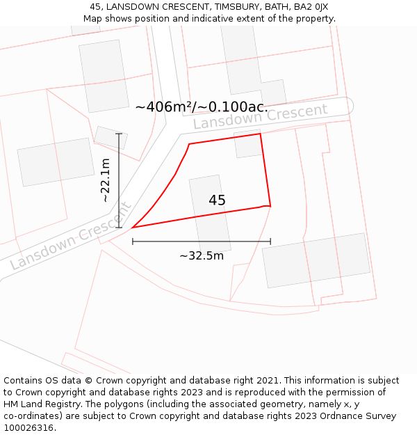 45, LANSDOWN CRESCENT, TIMSBURY, BATH, BA2 0JX: Plot and title map