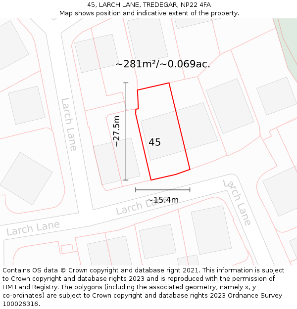 45, LARCH LANE, TREDEGAR, NP22 4FA: Plot and title map