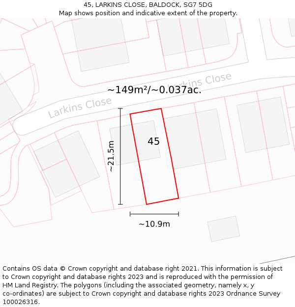 45, LARKINS CLOSE, BALDOCK, SG7 5DG: Plot and title map