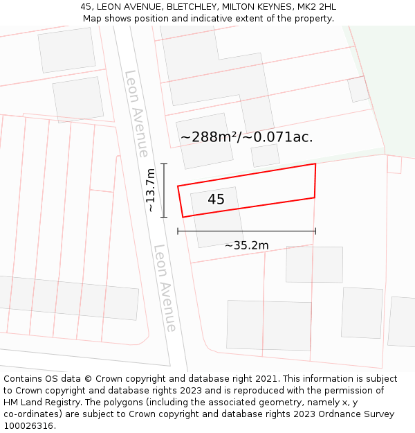 45, LEON AVENUE, BLETCHLEY, MILTON KEYNES, MK2 2HL: Plot and title map