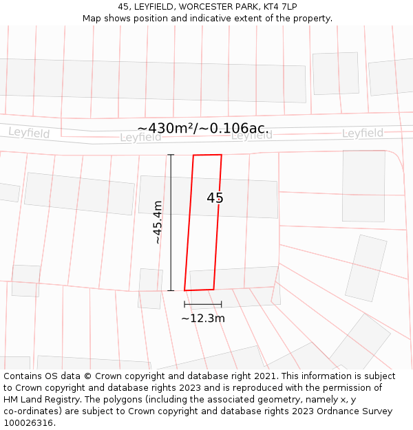 45, LEYFIELD, WORCESTER PARK, KT4 7LP: Plot and title map