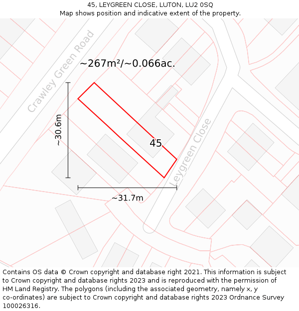 45, LEYGREEN CLOSE, LUTON, LU2 0SQ: Plot and title map
