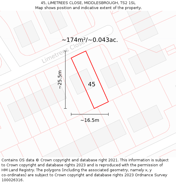 45, LIMETREES CLOSE, MIDDLESBROUGH, TS2 1SL: Plot and title map