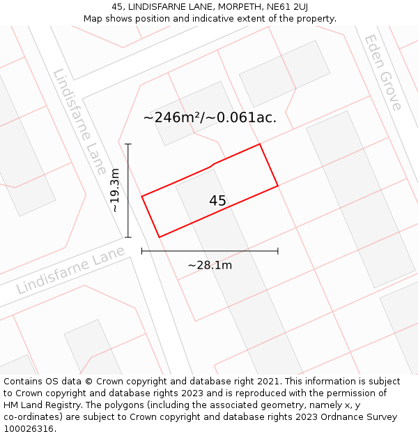 45, LINDISFARNE LANE, MORPETH, NE61 2UJ: Plot and title map