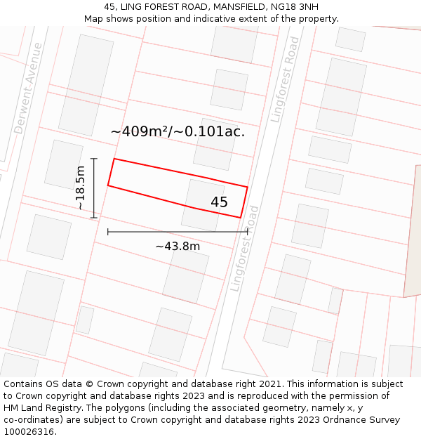 45, LING FOREST ROAD, MANSFIELD, NG18 3NH: Plot and title map