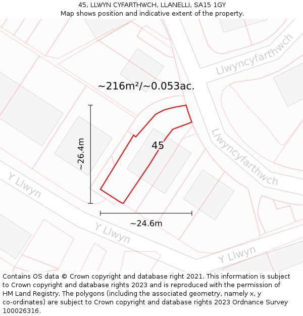 45, LLWYN CYFARTHWCH, LLANELLI, SA15 1GY: Plot and title map