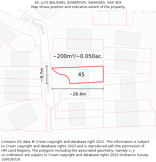 45, LLYS BALDWIN, GOWERTON, SWANSEA, SA4 3DX: Plot and title map