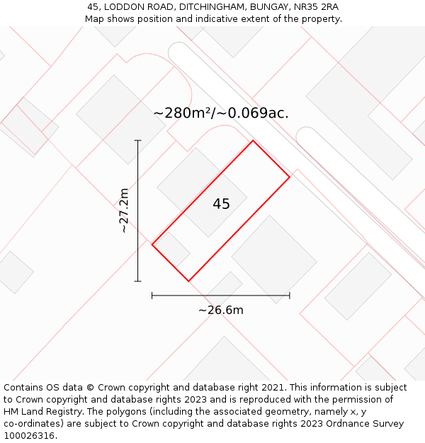 45, LODDON ROAD, DITCHINGHAM, BUNGAY, NR35 2RA: Plot and title map