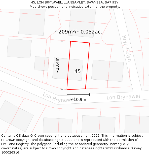 45, LON BRYNAWEL, LLANSAMLET, SWANSEA, SA7 9SY: Plot and title map