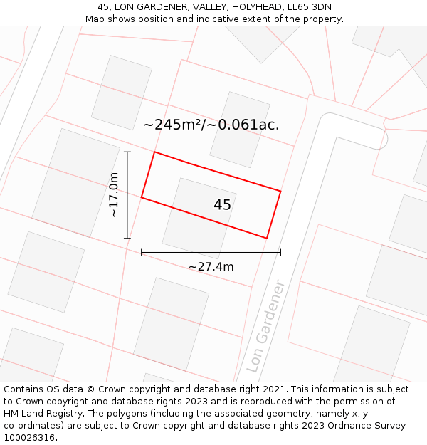 45, LON GARDENER, VALLEY, HOLYHEAD, LL65 3DN: Plot and title map
