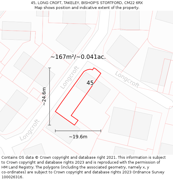45, LONG CROFT, TAKELEY, BISHOP'S STORTFORD, CM22 6RX: Plot and title map