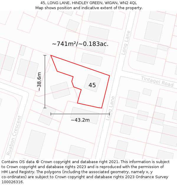 45, LONG LANE, HINDLEY GREEN, WIGAN, WN2 4QL: Plot and title map