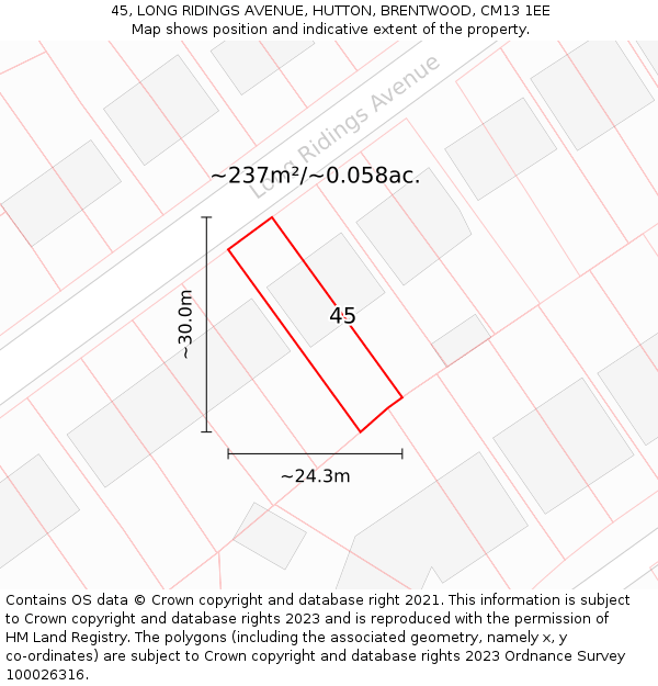 45, LONG RIDINGS AVENUE, HUTTON, BRENTWOOD, CM13 1EE: Plot and title map