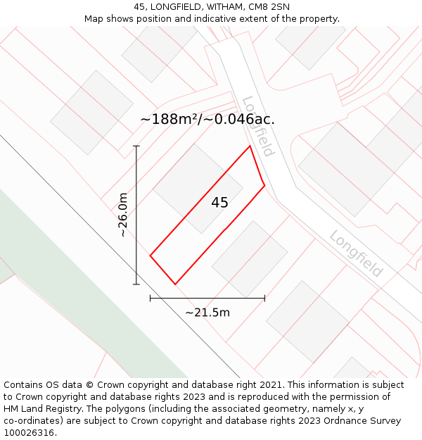 45, LONGFIELD, WITHAM, CM8 2SN: Plot and title map