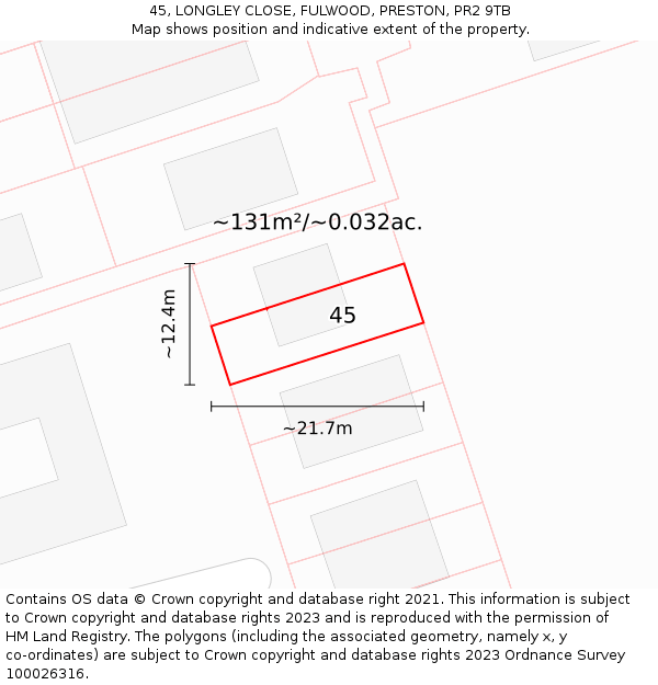 45, LONGLEY CLOSE, FULWOOD, PRESTON, PR2 9TB: Plot and title map