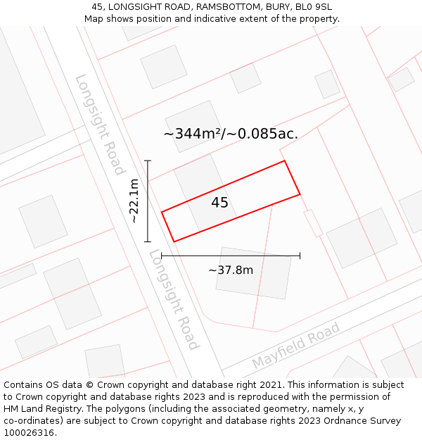 45, LONGSIGHT ROAD, RAMSBOTTOM, BURY, BL0 9SL: Plot and title map