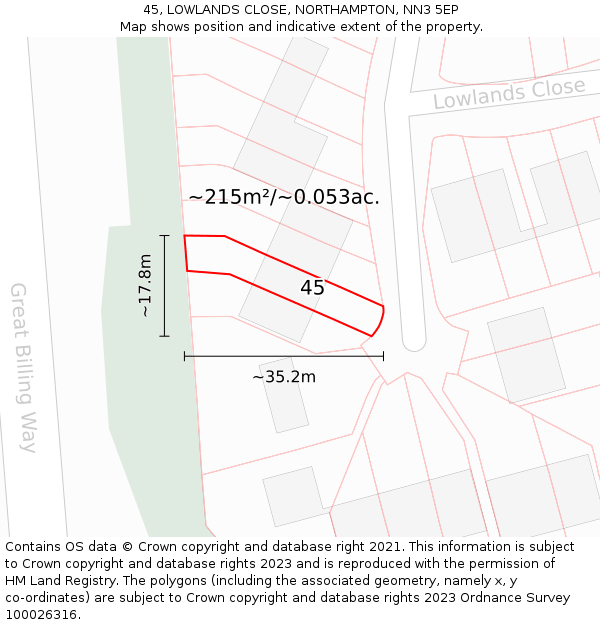 45, LOWLANDS CLOSE, NORTHAMPTON, NN3 5EP: Plot and title map