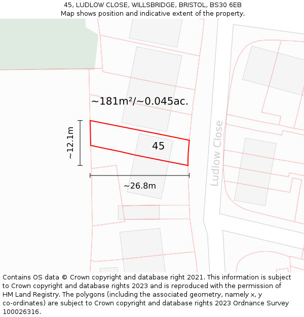 45, LUDLOW CLOSE, WILLSBRIDGE, BRISTOL, BS30 6EB: Plot and title map
