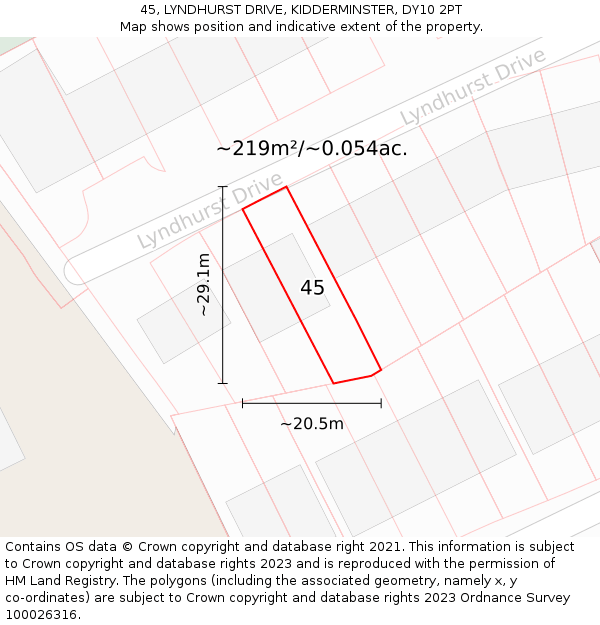 45, LYNDHURST DRIVE, KIDDERMINSTER, DY10 2PT: Plot and title map