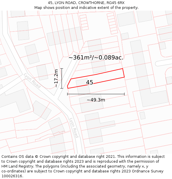 45, LYON ROAD, CROWTHORNE, RG45 6RX: Plot and title map