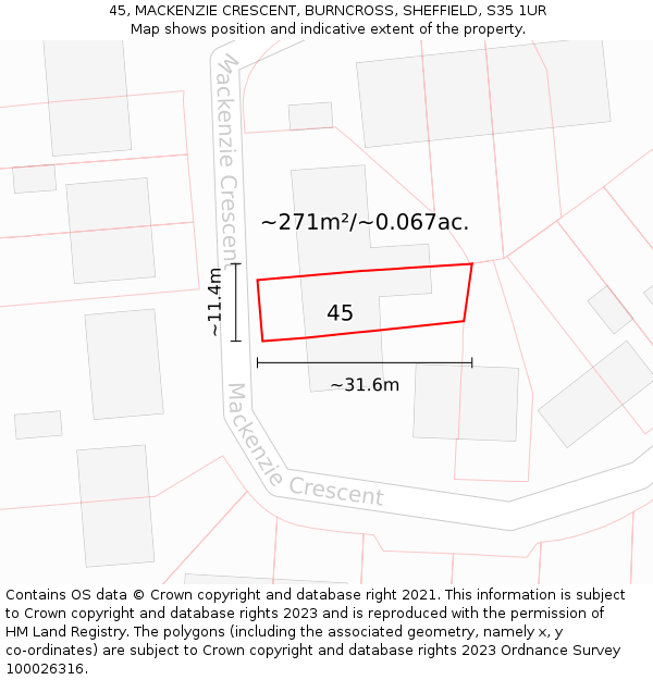 45, MACKENZIE CRESCENT, BURNCROSS, SHEFFIELD, S35 1UR: Plot and title map