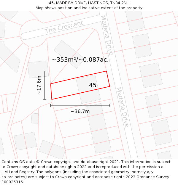 45, MADEIRA DRIVE, HASTINGS, TN34 2NH: Plot and title map