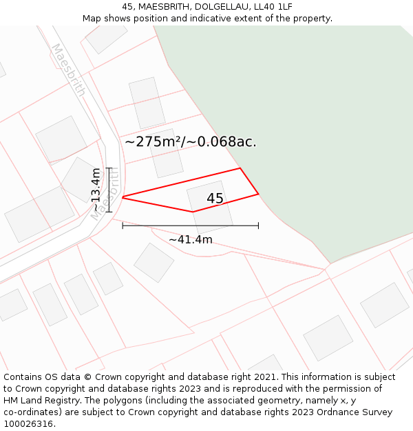 45, MAESBRITH, DOLGELLAU, LL40 1LF: Plot and title map