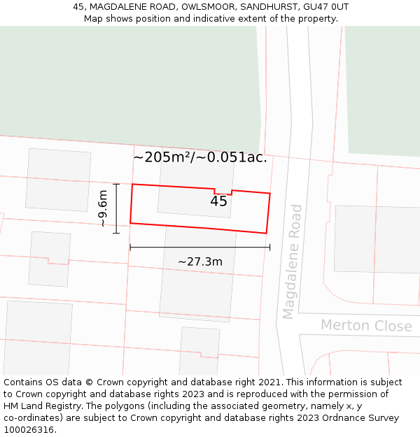 45, MAGDALENE ROAD, OWLSMOOR, SANDHURST, GU47 0UT: Plot and title map