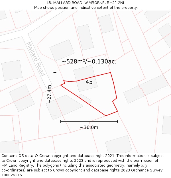 45, MALLARD ROAD, WIMBORNE, BH21 2NL: Plot and title map