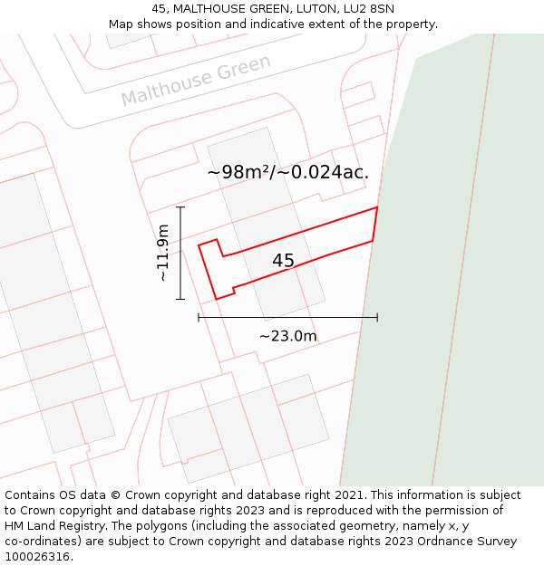45, MALTHOUSE GREEN, LUTON, LU2 8SN: Plot and title map