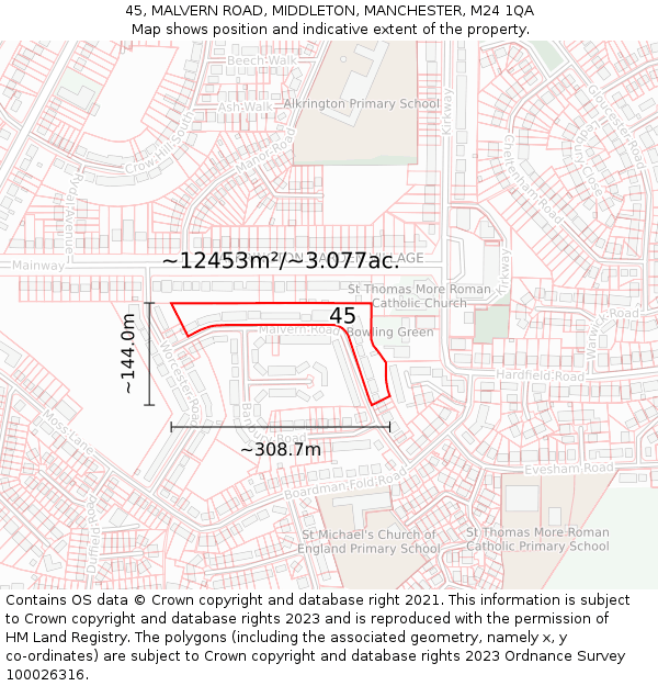 45, MALVERN ROAD, MIDDLETON, MANCHESTER, M24 1QA: Plot and title map