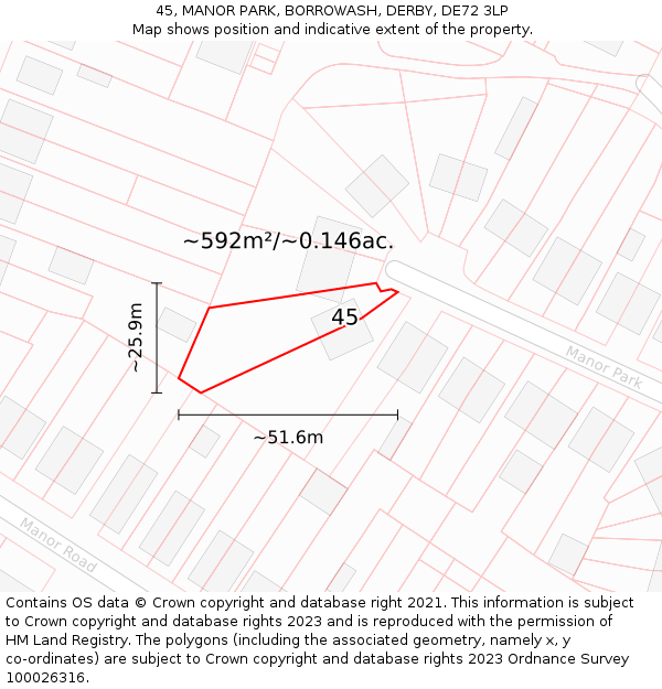 45, MANOR PARK, BORROWASH, DERBY, DE72 3LP: Plot and title map