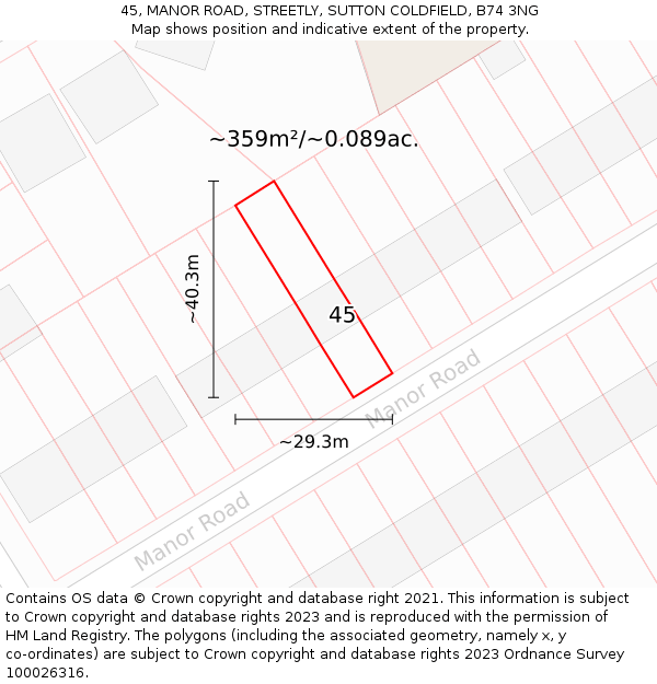 45, MANOR ROAD, STREETLY, SUTTON COLDFIELD, B74 3NG: Plot and title map