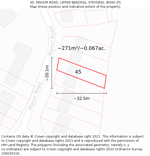 45, MANOR ROAD, UPPER BEEDING, STEYNING, BN44 3TJ: Plot and title map