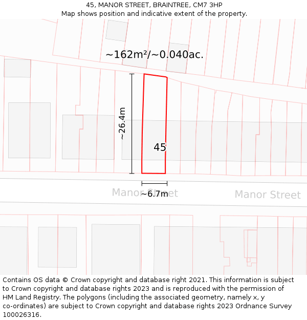 45, MANOR STREET, BRAINTREE, CM7 3HP: Plot and title map