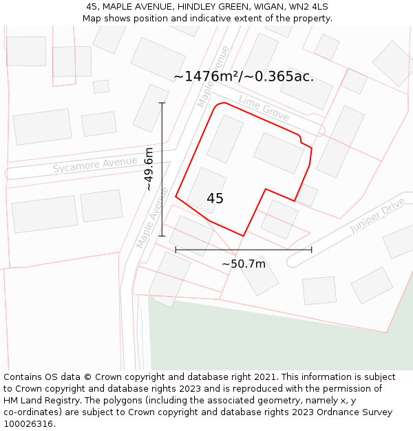 45, MAPLE AVENUE, HINDLEY GREEN, WIGAN, WN2 4LS: Plot and title map